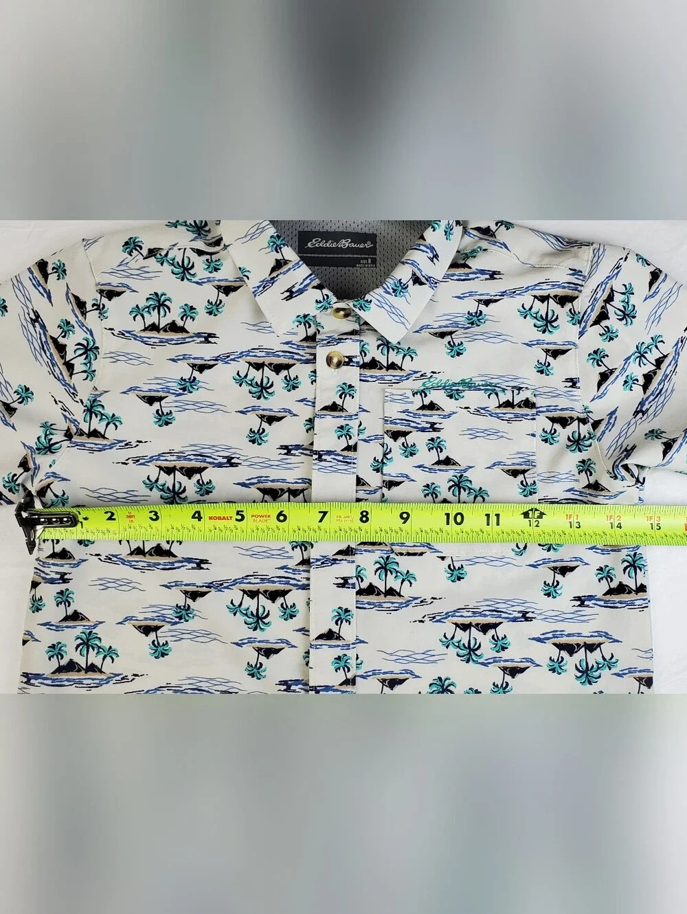 Eddie Bauer Boys Stretch Hawaiian Island All Over Print Camp Shirt- Size 8 - GUC